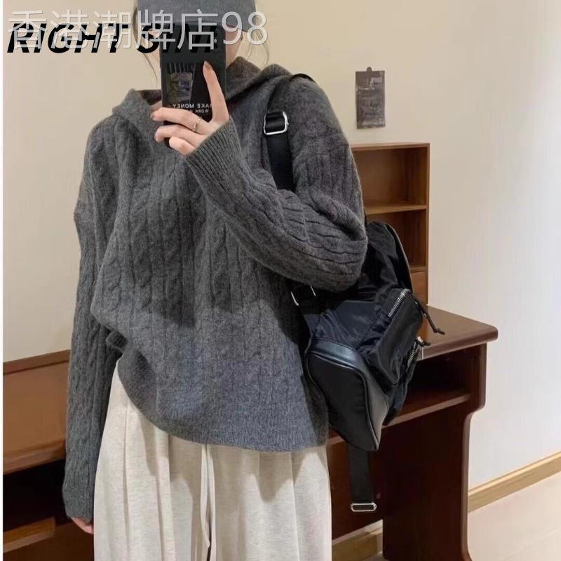 麻花羊绒毛衣女2024秋冬连帽复古日系慵懒风宽松软糯羊毛针织上衣