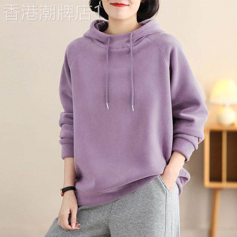 2026长袖冬季新款宽松百搭简约连帽衫上衣双面德绒保暖女款打底衫