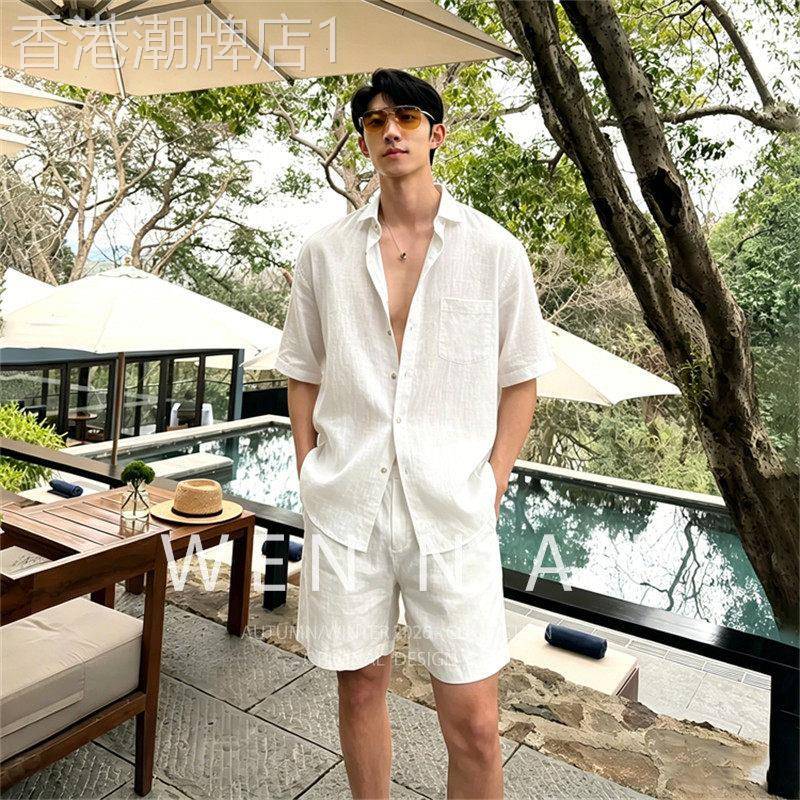 韩国WEN NIAN老钱风度假套装男2026夏季新款短袖衬衫短裤休闲潮牌
