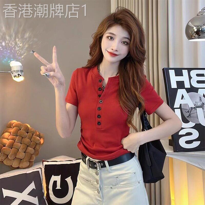 红色圆领短袖t恤女夏季2025新款设计感小众收腰显瘦短款修身上衣