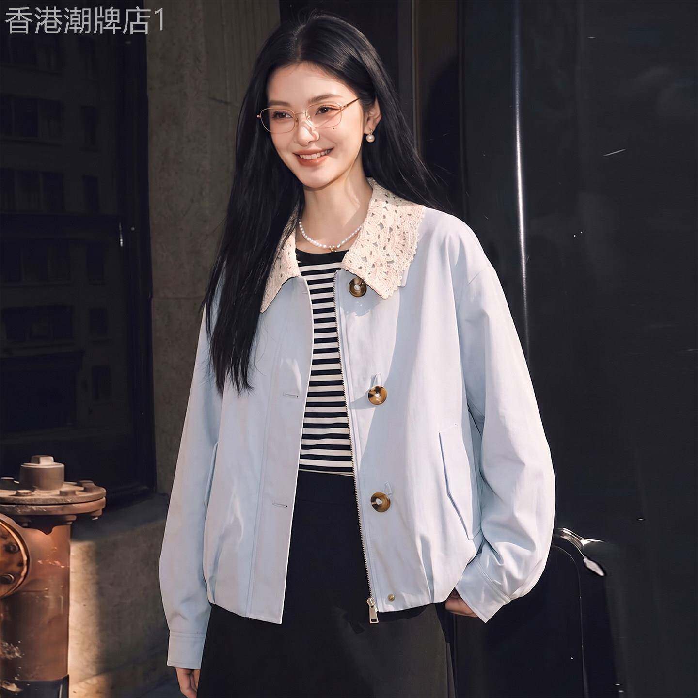 高端小资蓝色蕾丝娃娃领外套女秋季松弛感小个子百搭通勤花苞夹克