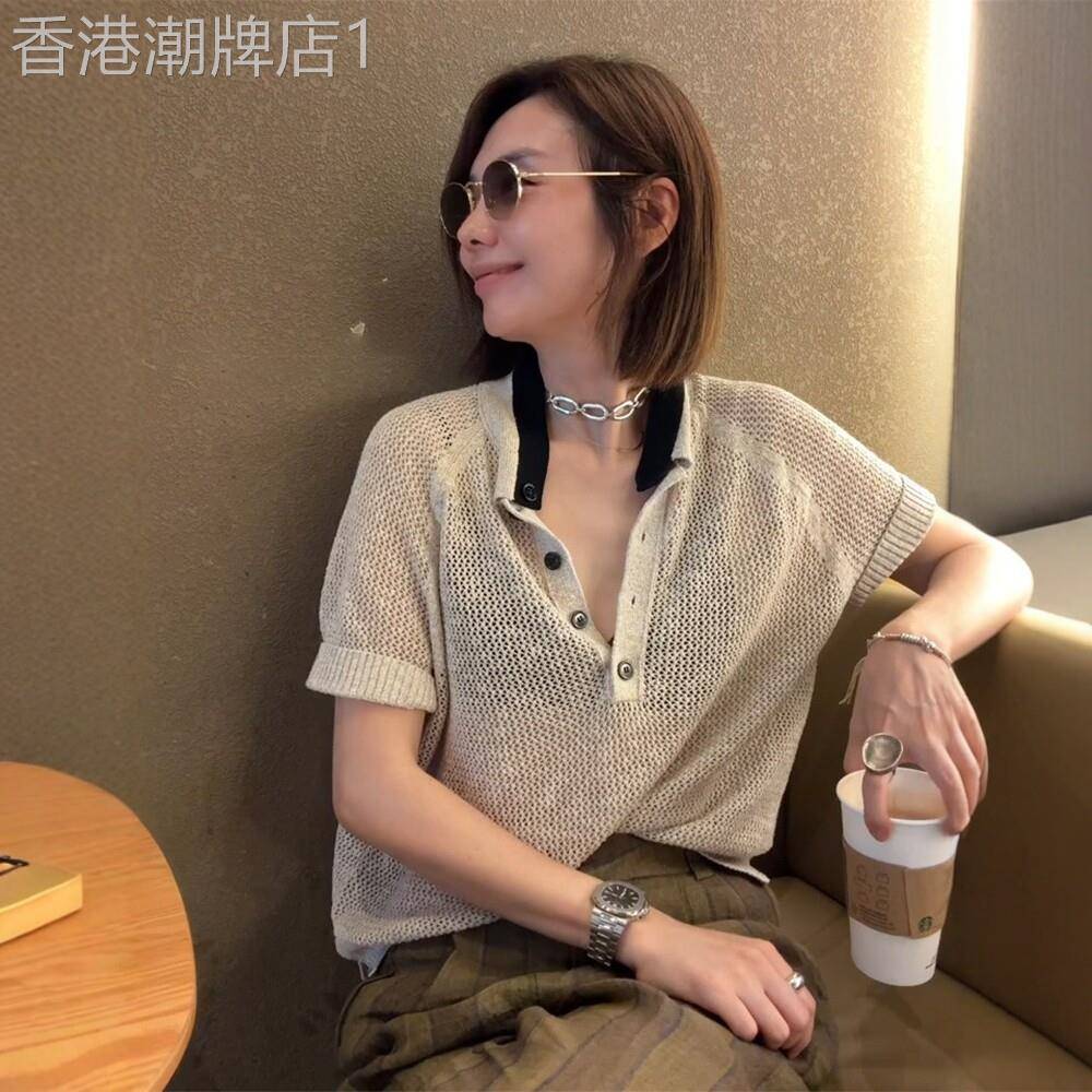 日系老钱风镂空冰丝针织polo衫短袖t恤女夏季高级感宽松翻领上衣图片