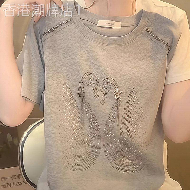 韩国文艺休闲重工烫钻短袖T恤女夏季新款个性高级设计感体恤上衣