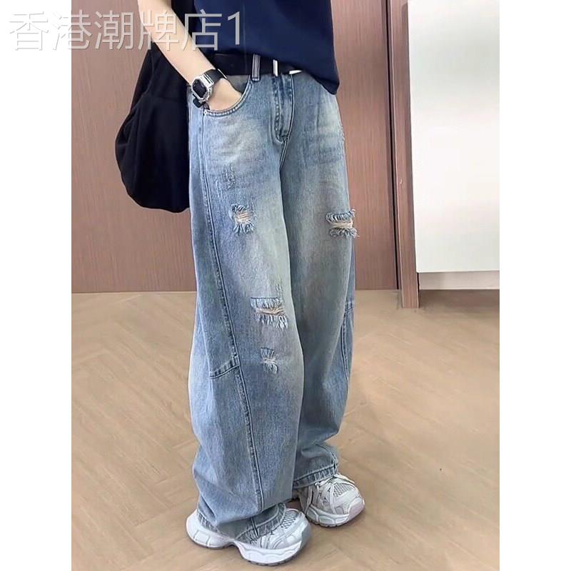 复古破洞弯刀牛仔裤女春季2026新款高腰宽松梨型身材休闲阔腿裤子