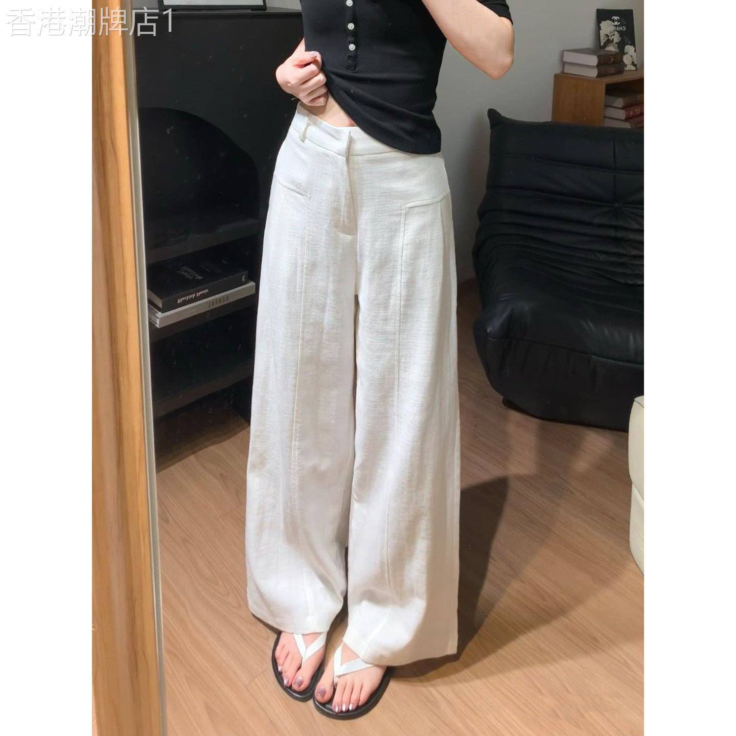 白色纯棉西装裤女夏季薄款高腰休闲直筒宽松慵懒风冰丝防晒阔腿裤