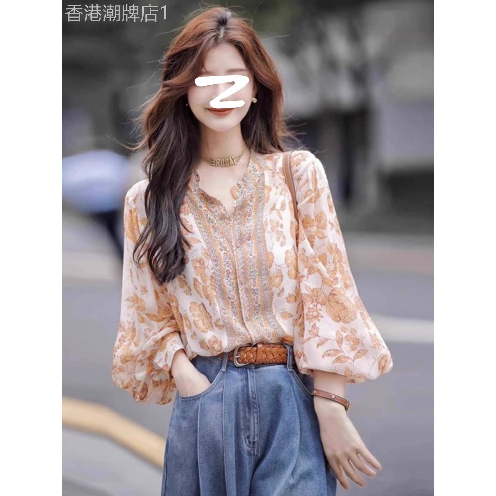 欧洲站雪纺衬衫女新款洋派时尚设计感春秋夏季高级感碎花长袖上衣