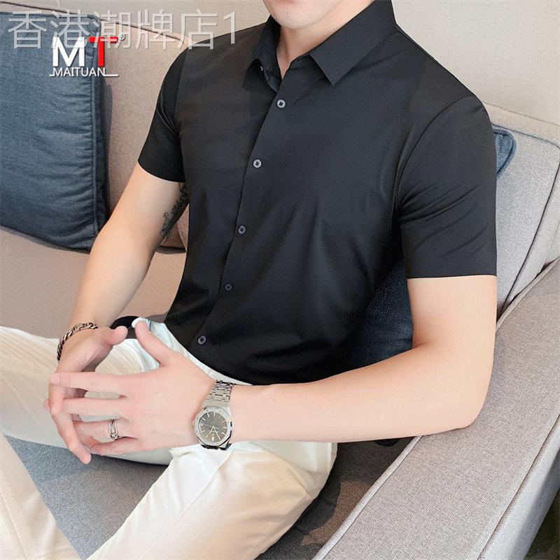 高端黑色男士衬衫长袖高级感修身商务休闲无痕痞帅短袖衬衣服男款