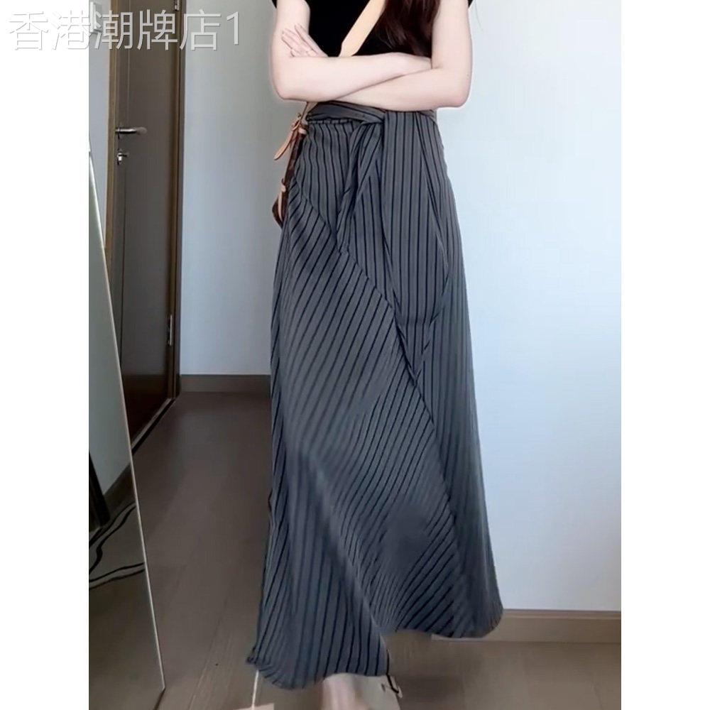 班奈悦复古小众条纹系带半身裙夏季高腰显瘦通勤百搭时尚A字长裙