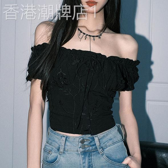 法式甜辣风一字肩泡泡袖衬衫女春季新款黑色修身纯欲ins短袖上衣
