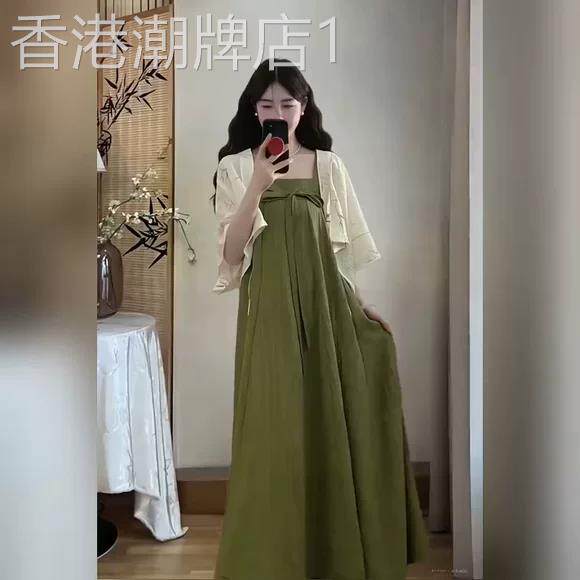 夏季搭配一整套大尺码胖mm改良汉服绿色吊带洋装新中式国风套装女
