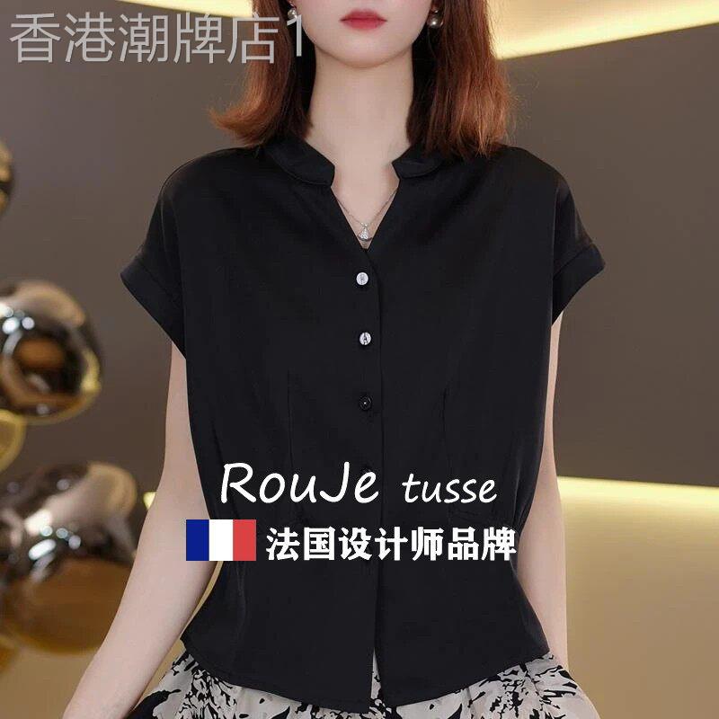 Rouje tusse黑色V领短袖衬衫女夏季新款大尺码收腰遮肚显瘦洋派上