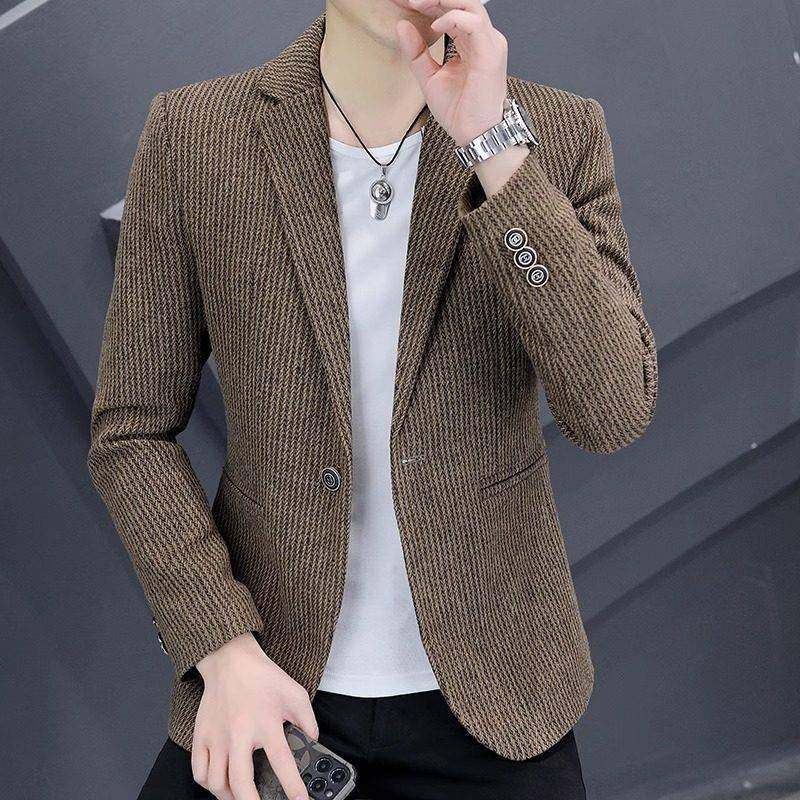 高级感灯芯绒小西装男秋冬加绒休闲单西韩版潮流修身商务西服外套