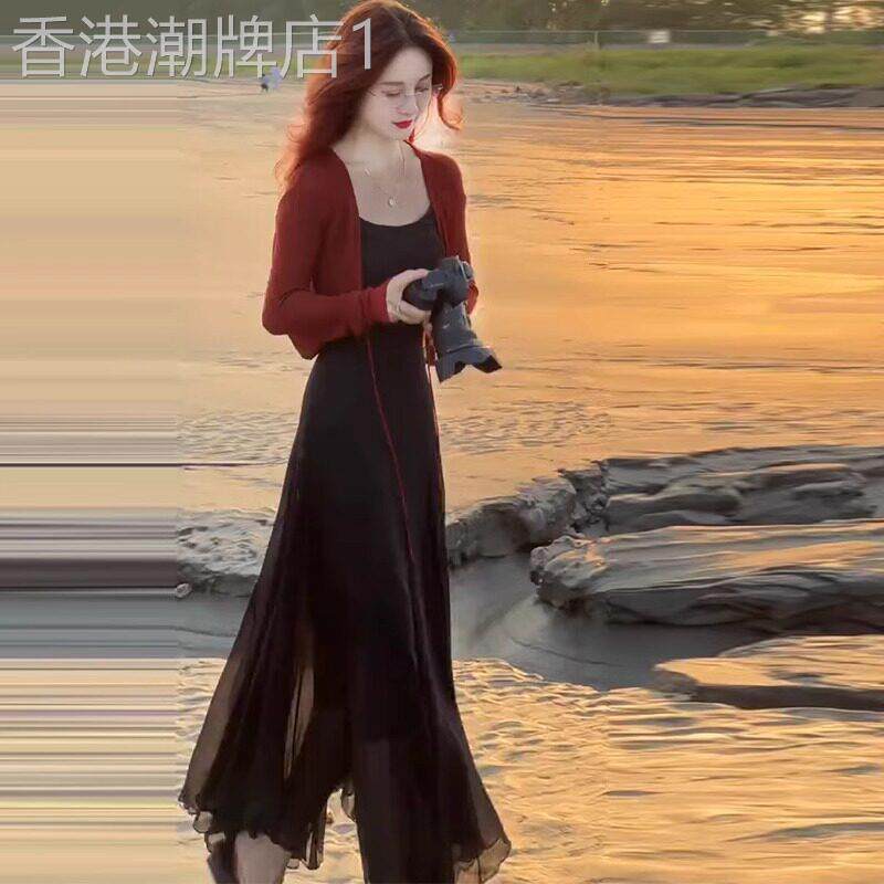 套装裙女夏季2026年新款高级感气质冰丝针织防晒开衫吊带裙两件套