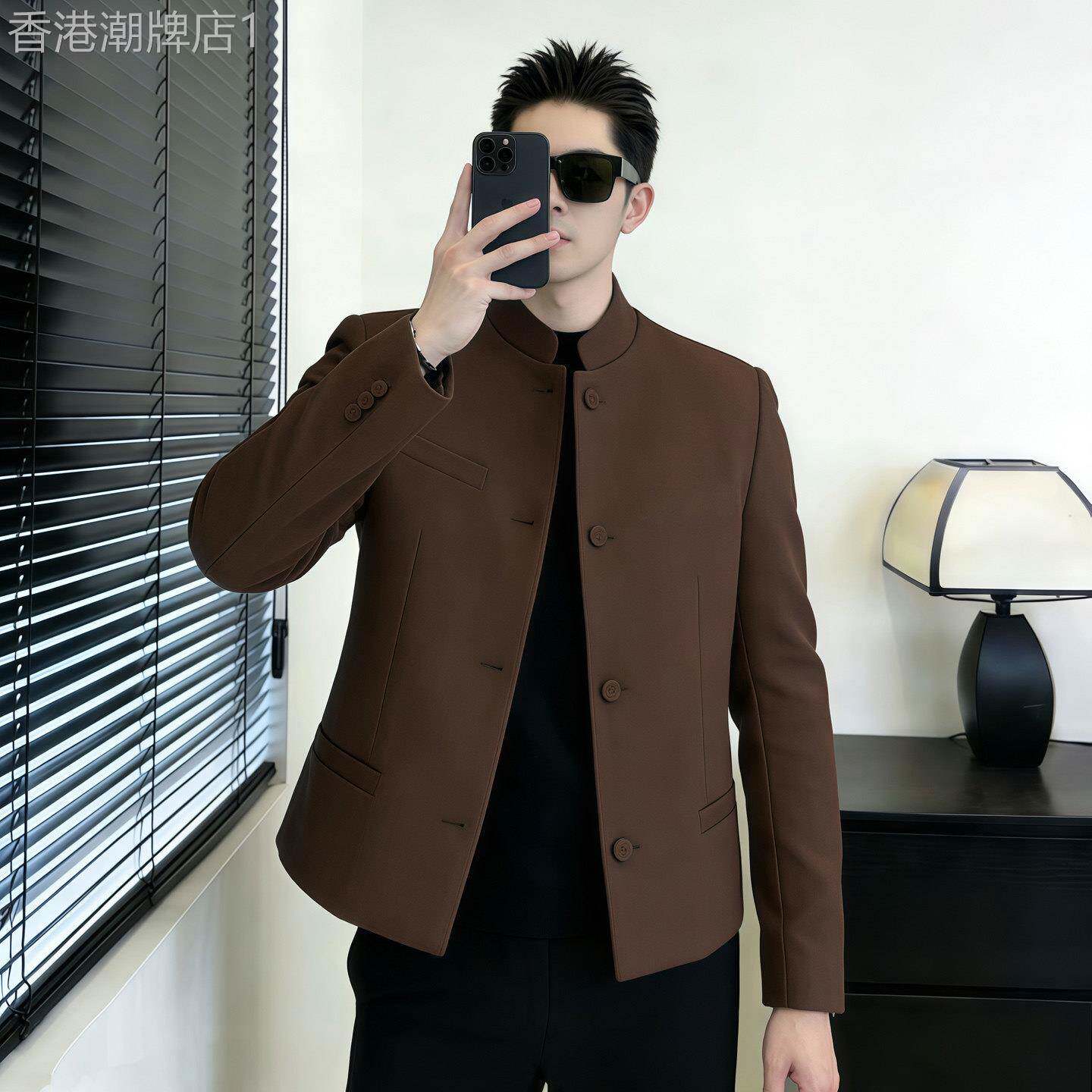 潮牌帅气短款修身西装外套男士秋季新中式高级感立领休闲夹克上衣