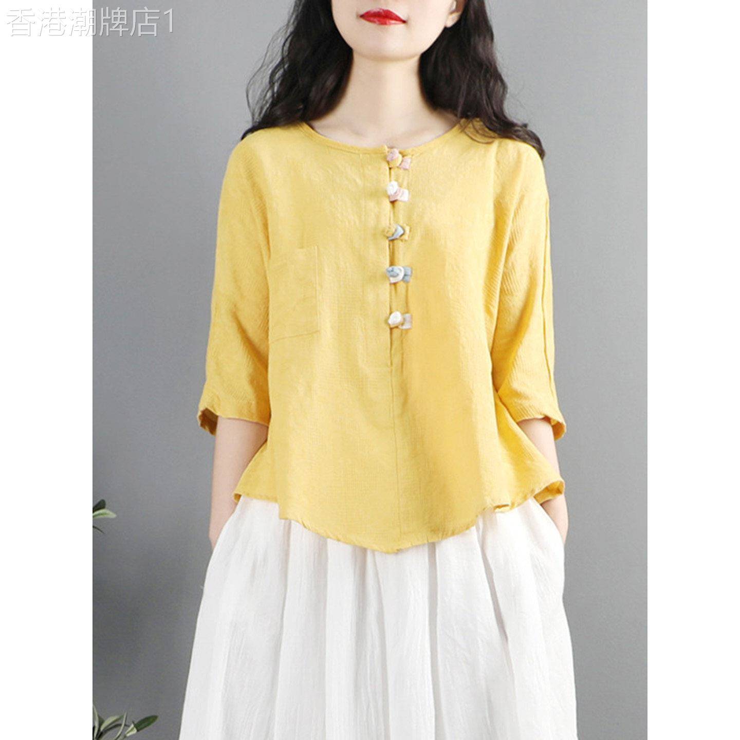 复古新中式盘扣圆领衬衫女夏季2026年新款禅意茶服五分袖棉麻衬衣
