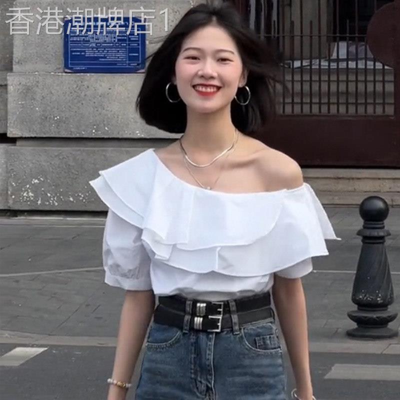 一字领荷叶边白色衬衫女夏季通勤风欧货设计感短袖上衣