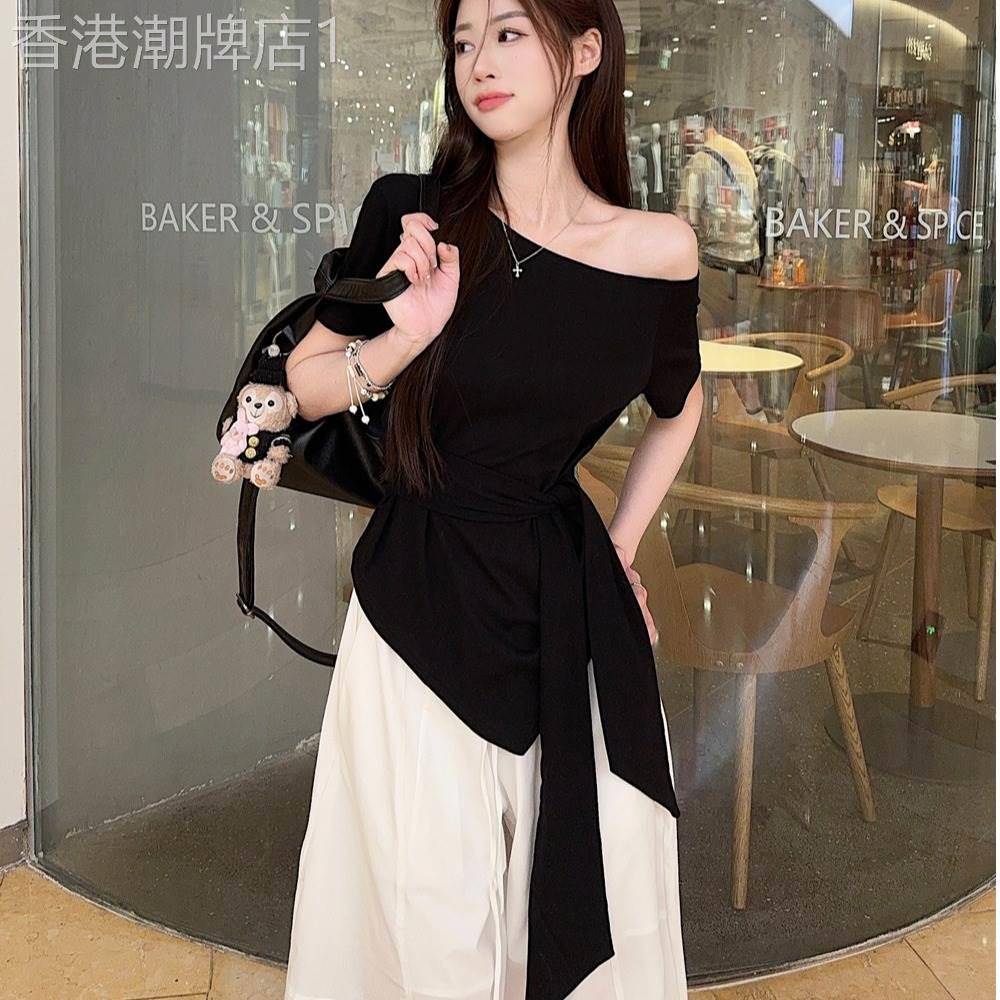 露肩短袖t恤女夏季2026年新款设计感小众韩版不规则系带收腰上衣