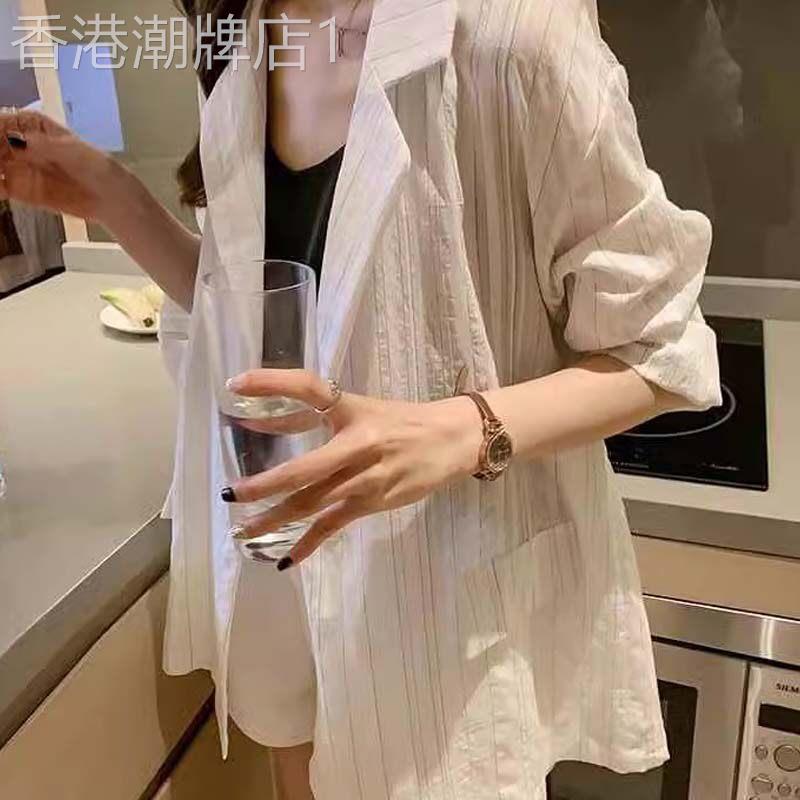 白色翻领棉麻纹理小西装外套女秋季欧货薄款开衫亚麻上衣防晒西服