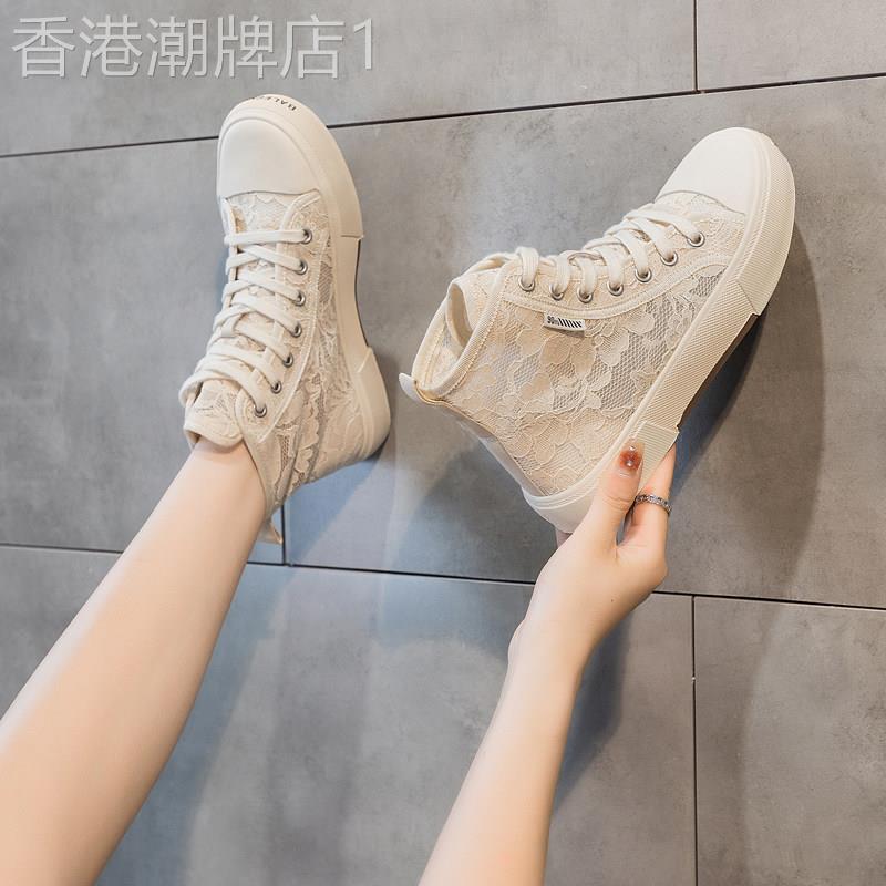 潮牌高帮鞋女2025年夏季新款韩版蕾丝网面透气百搭厚底增高帆布鞋
