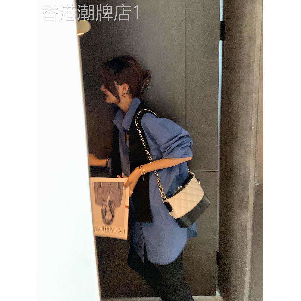 孕妇装春秋季气质蓝色显白长袖衬衫披肩设计宽松长版遮屁显瘦上衣