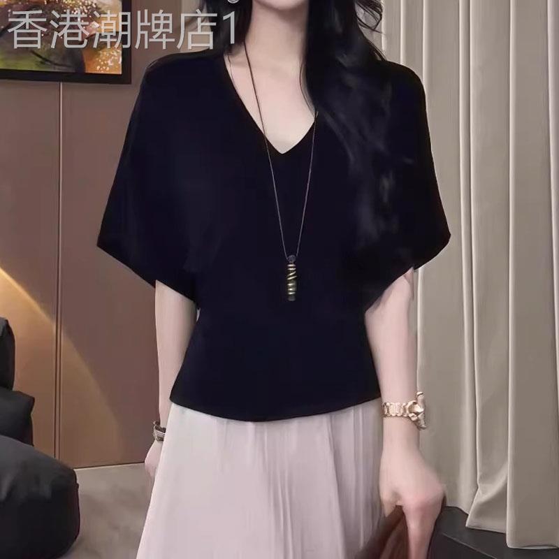 冰丝黑色蝙蝠袖收腰V领短袖T恤女士夏季2026欧货大尺码胖MM显瘦上