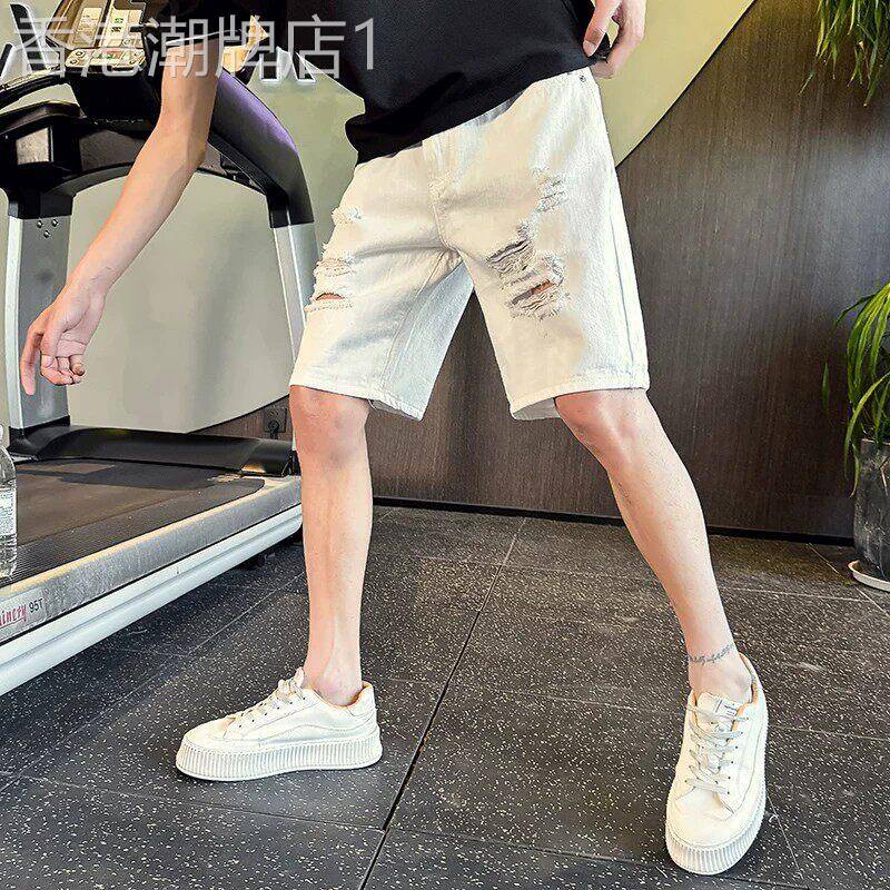 潮牌白色破洞牛仔短裤男士2026新款夏季外穿痞帅休闲五分裤子男款