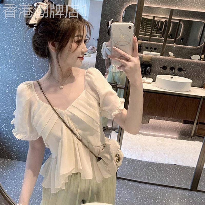 法式甜美短袖雪纺衫女夏季2026新款减龄气质不规则设计感衬衫上衣