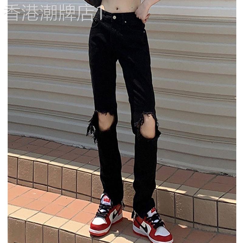 黑色美式时尚破洞直筒牛仔裤女夏季新款高街设计感显瘦窄版阔腿裤