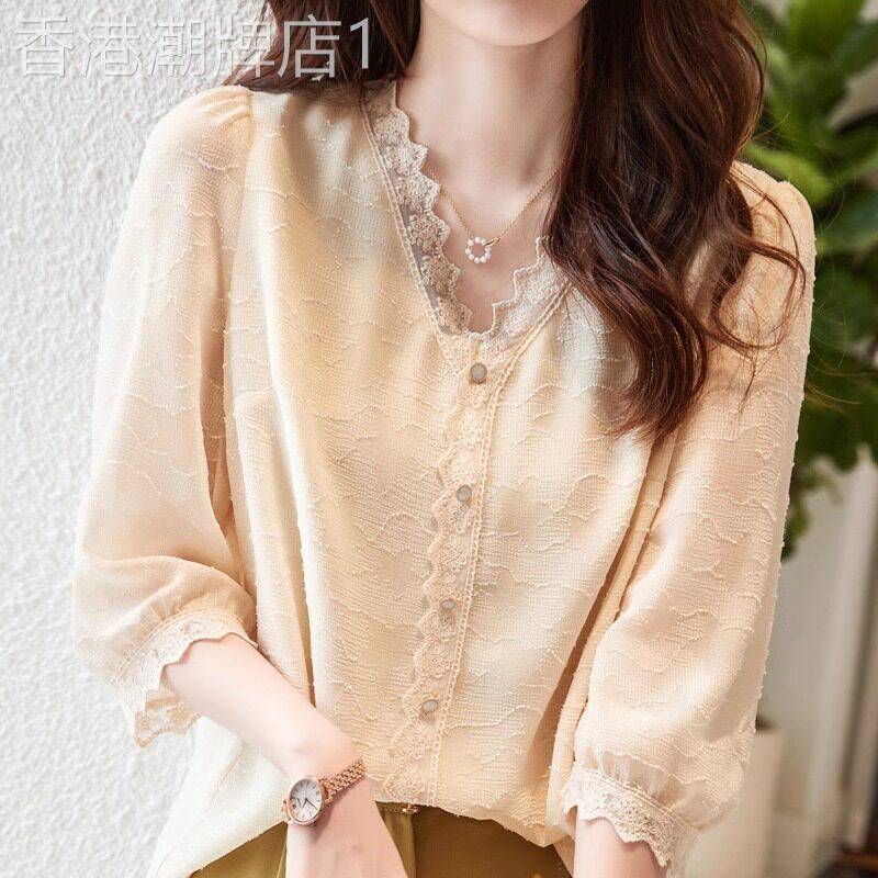 潮牌2026夏季新品宽松显瘦V领七分袖蕾丝肌理感雪纺衬衫上衣服女