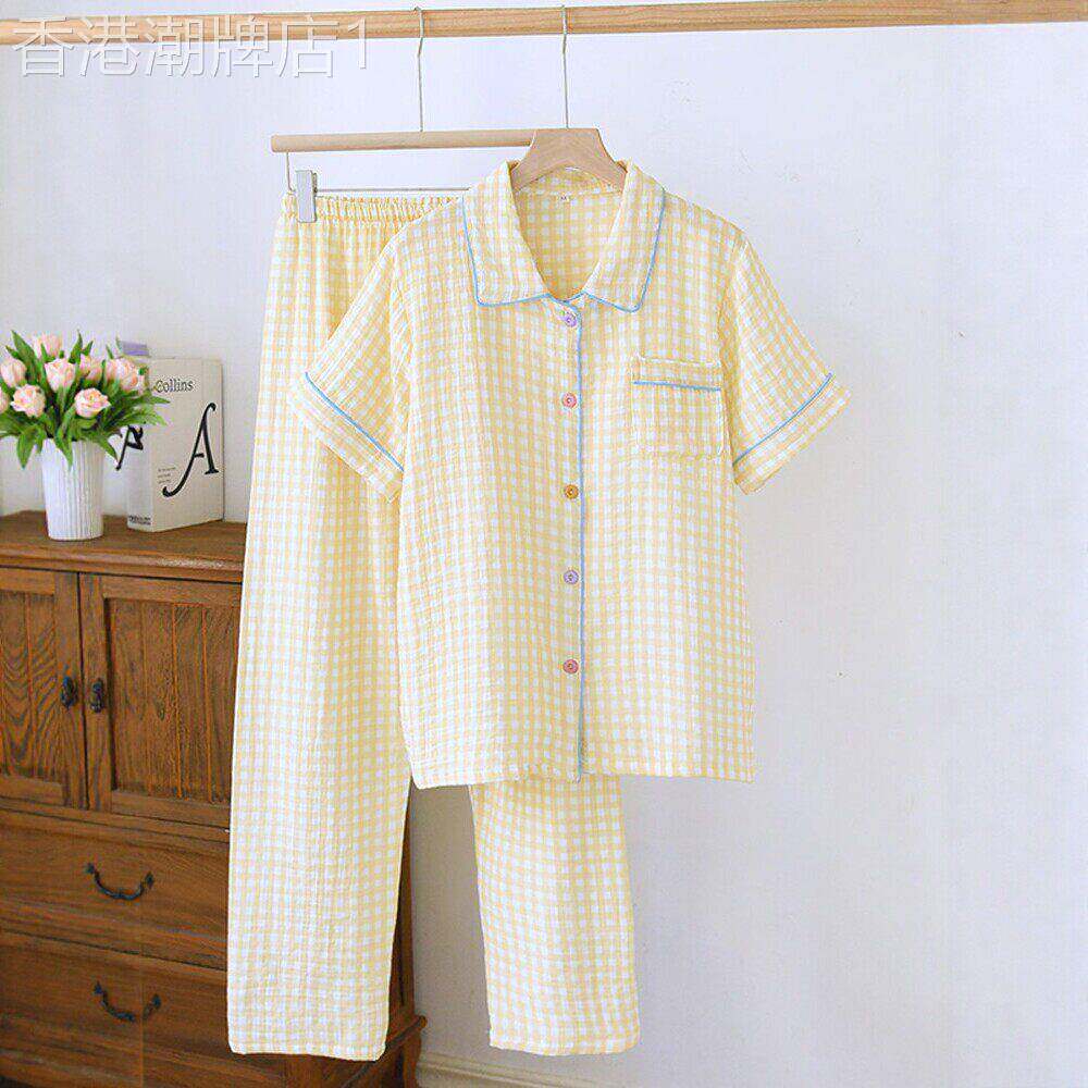 奶黄格子睡衣女款2026新款夏季纯棉纱布短袖长裤可外穿家居服套装