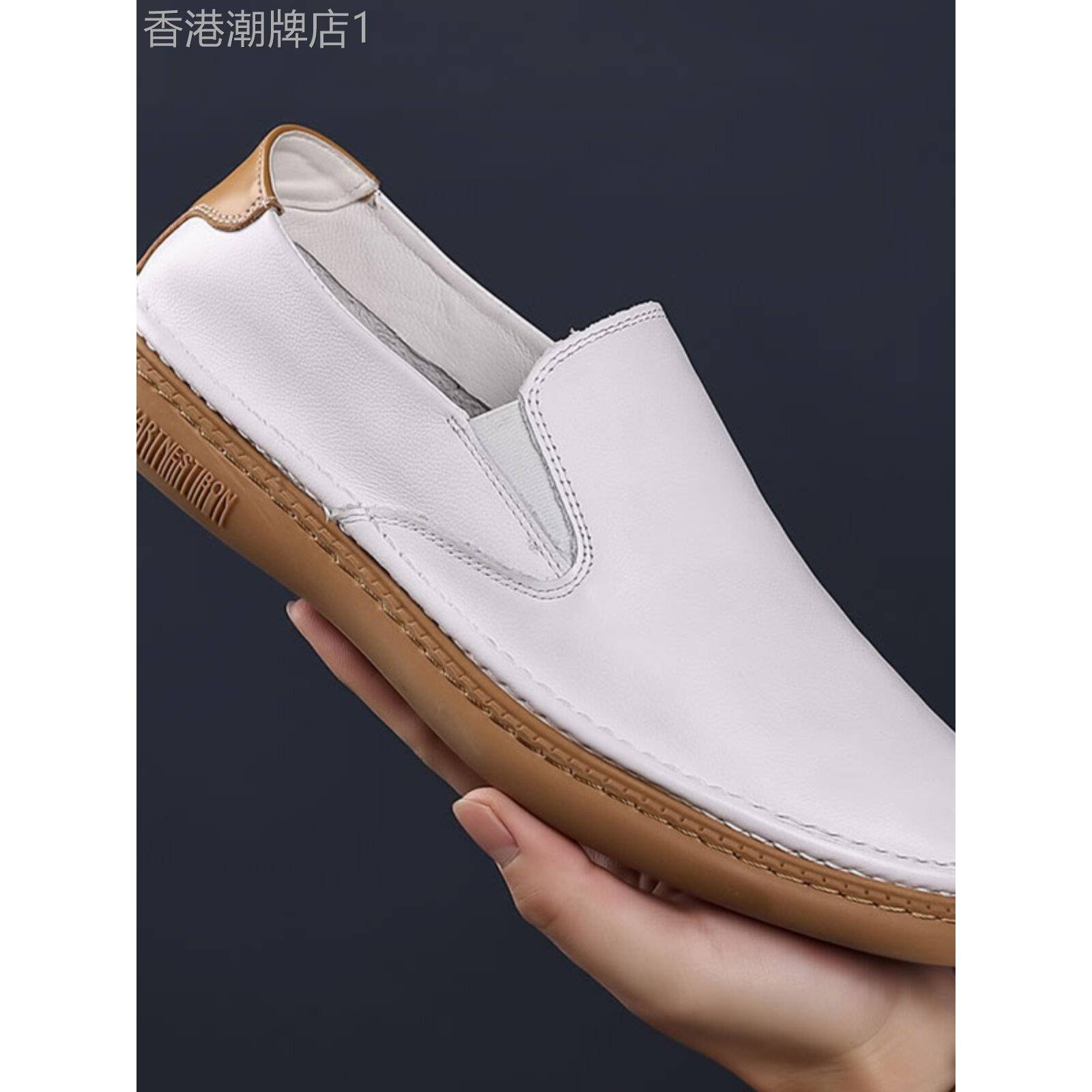 时尚品牌夏季层白牛皮男鞋新款懒人便鞋软底便鞋