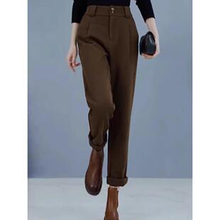 韩版 高腰显瘦西装 女裤 毛呢裤 加绒哈伦裤 2025新款 烟管裤 子女秋冬季