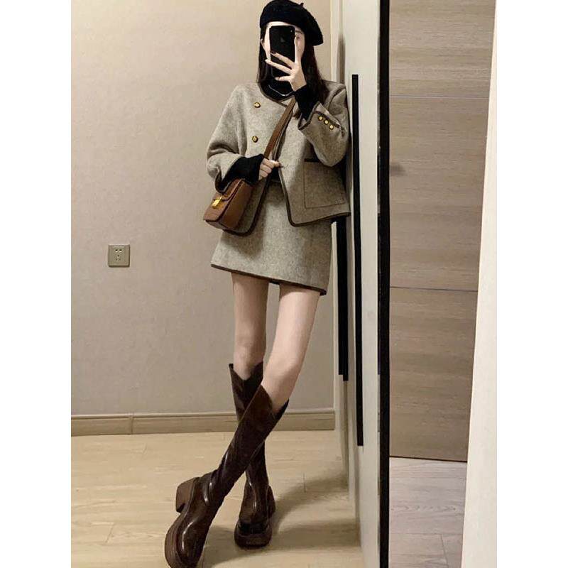 香港小香风毛呢外套半身裙套装胖mm秋冬名媛上衣高级感裙子一整套