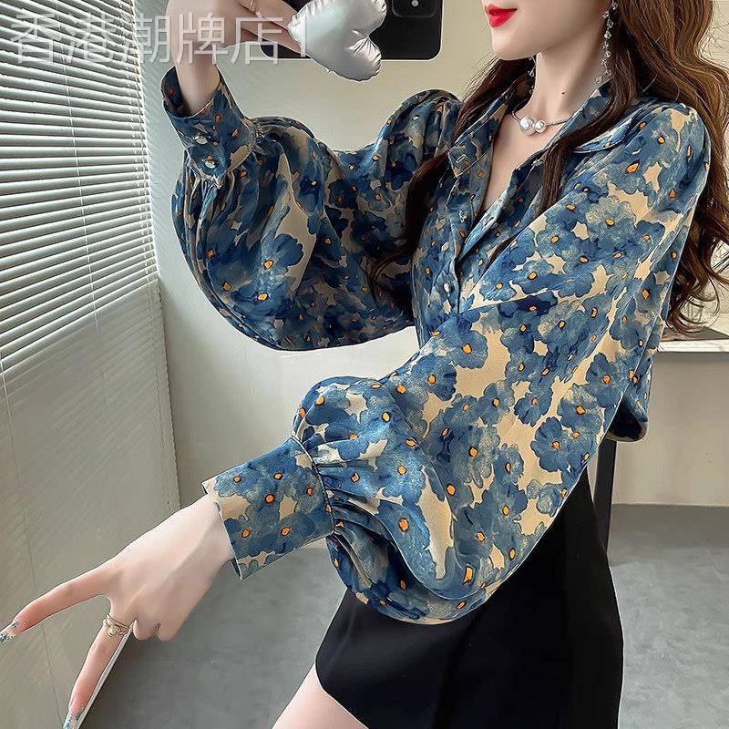 碎花雪纺衬衫女长袖春秋季2025新款高级设计感小众灯笼袖衬衣上衣