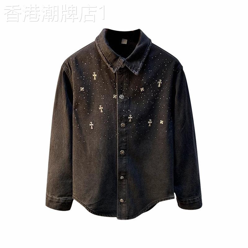 MUSONMU牛仔夹克男春秋外套烫珠十字架铆钉潮牌翻领休闲牛仔衬衣