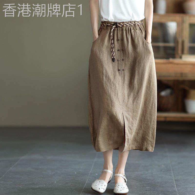 棉麻半身裙女夏季薄款2026新款高腰显瘦中长版休闲开叉a字裙子女