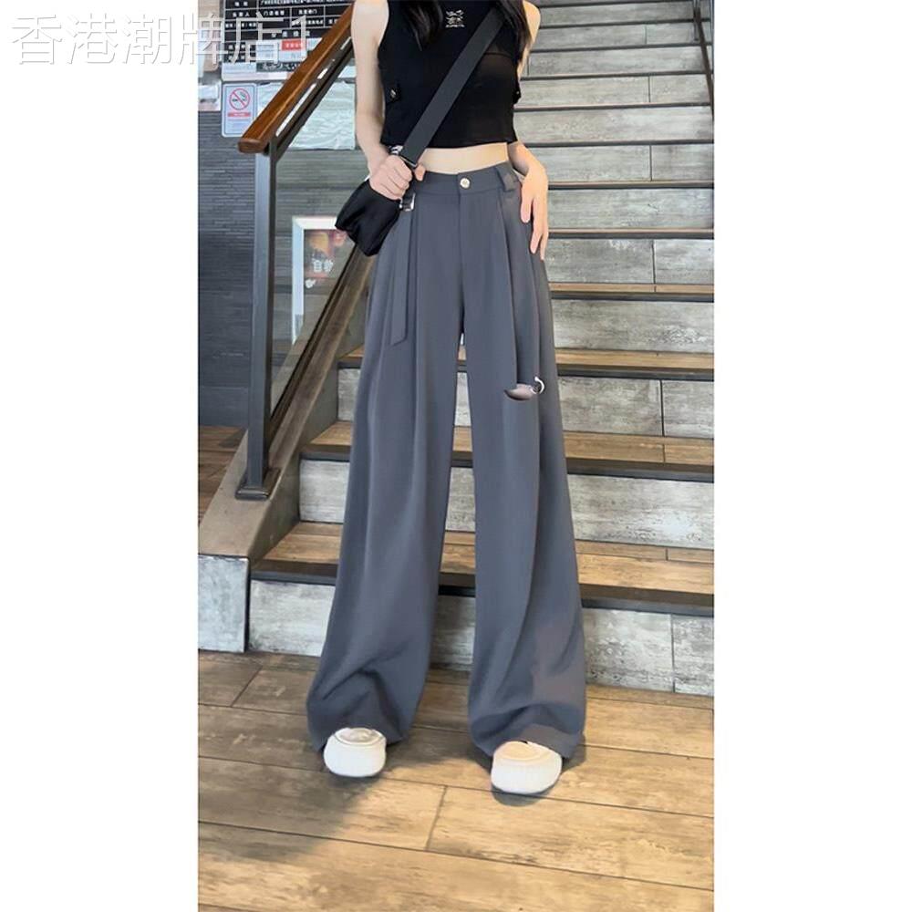 灰色破洞休闲宽裤女夏季欧货显瘦垂感西装裤高腰直筒拖地长裤子