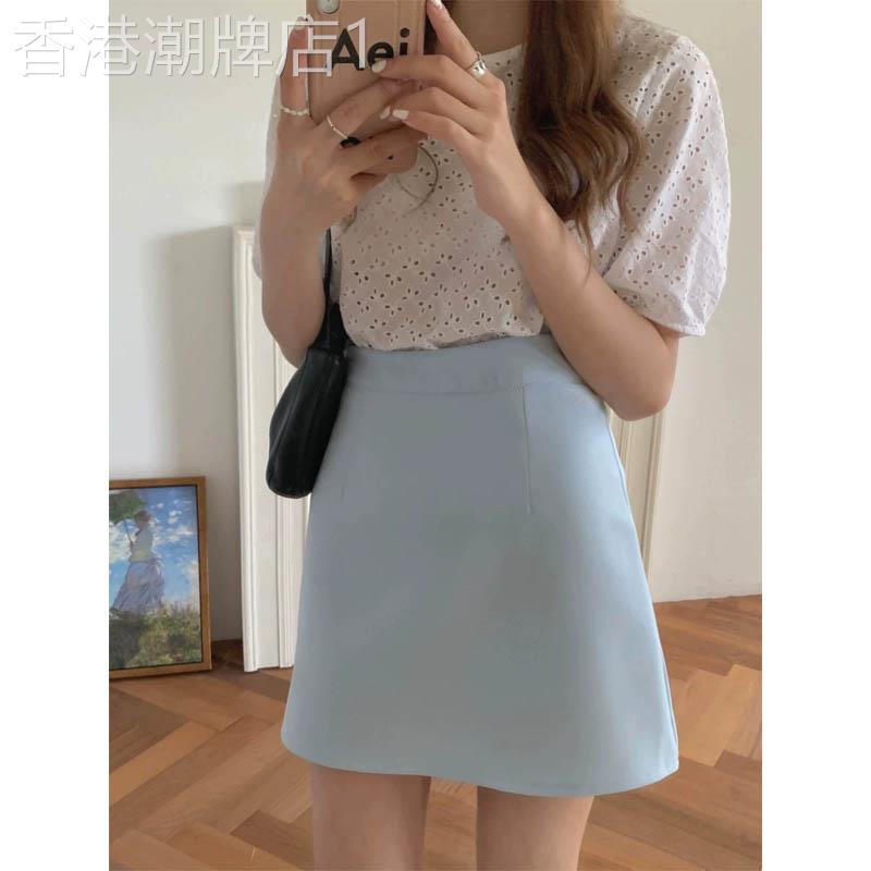 韩系简约风浅蓝色半身裙女2026夏季新款欧货时尚高腰A字包臀短裙