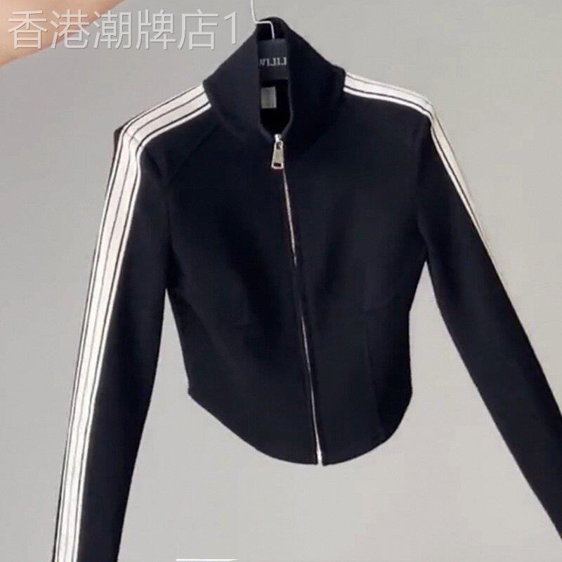 棒球服短外套女春秋欧货小衫运动条纹修身撞色三条杠立领开衫夹克