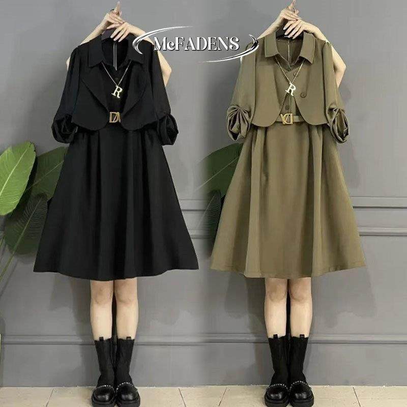 香港胖妹妹秋装新款大码女装遮肚显瘦西装马甲连衣裙时髦两件套装