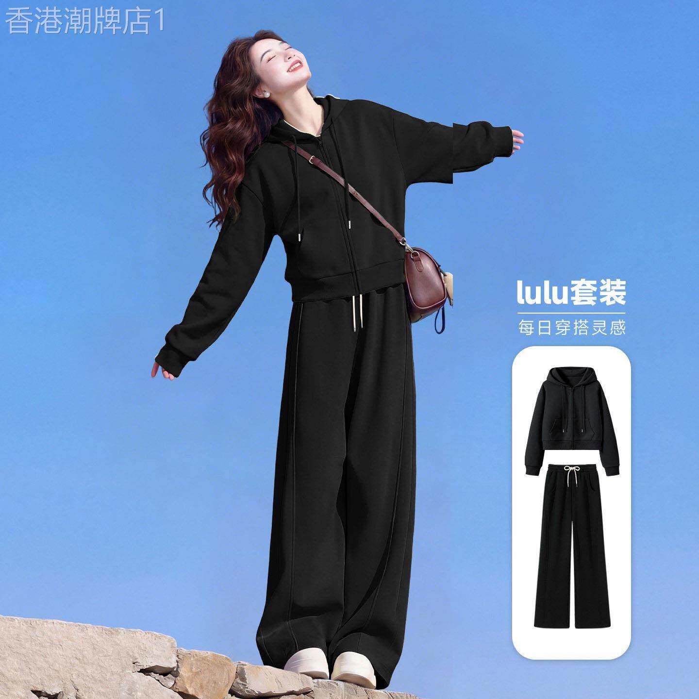 潮牌运动套装女2026春秋新款短款连帽黑色休闲卫衣卫裤一套穿搭