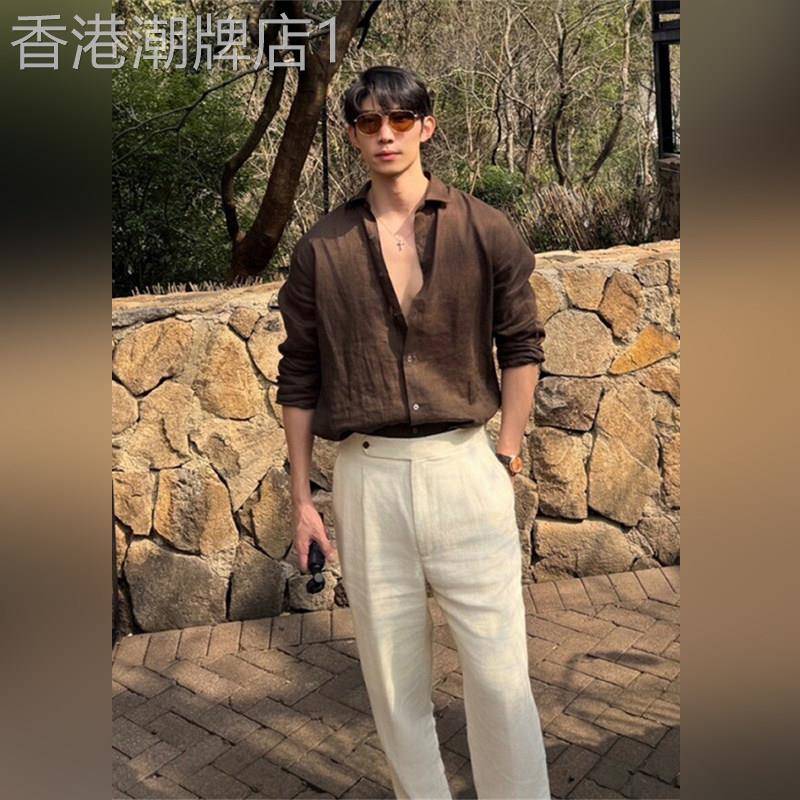 韩国WEN NIAN老钱风长袖亚麻衬衫男款2026春夏季超薄衬衫防晒外套