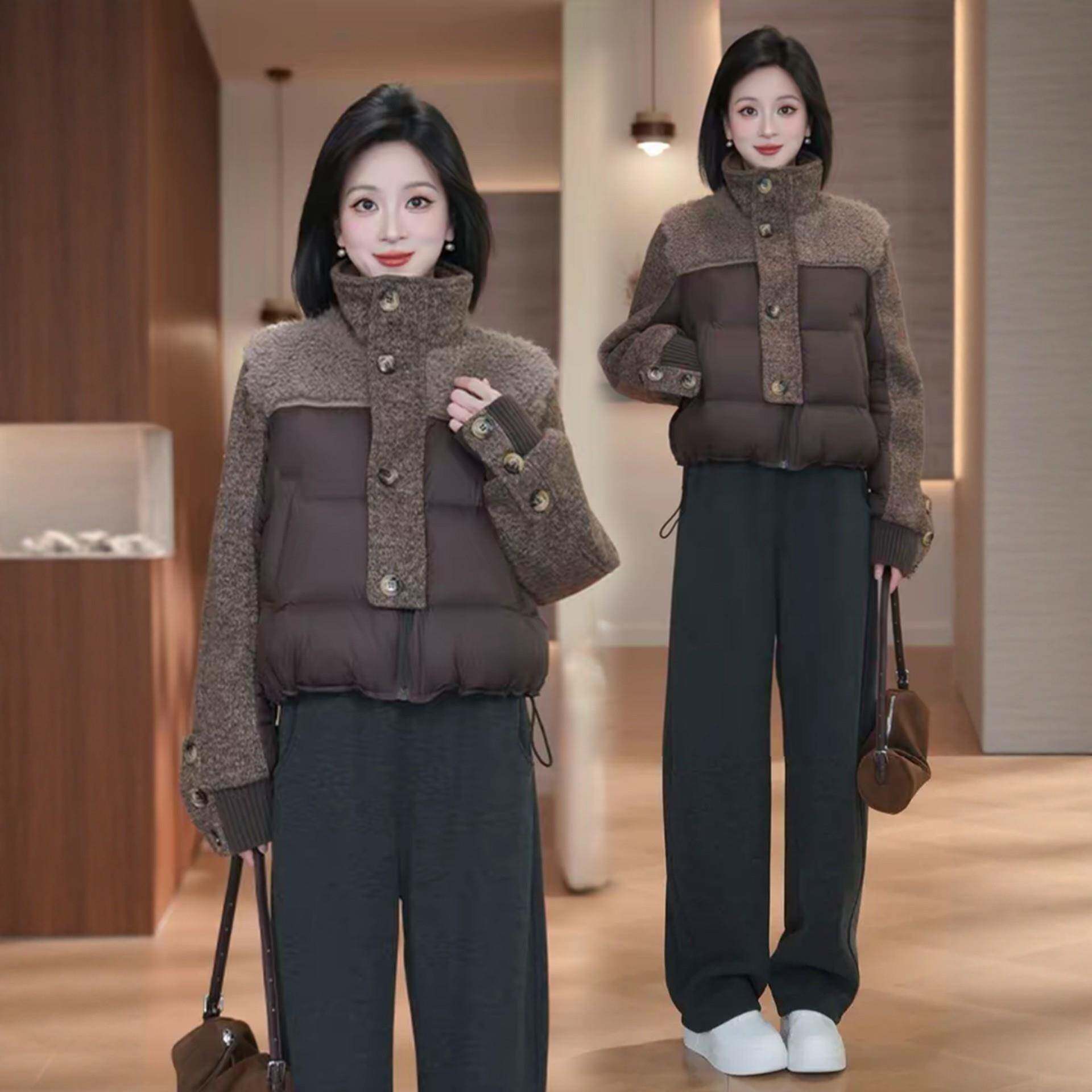 时尚羊羔毛拼接羽绒棉服女2025冬季新款时髦洋气百搭保暖棉袄外套