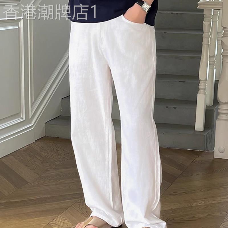 香港极简风白色亚麻宽松裤子清凉透气男春夏高腰垂坠阔腿拖地裤潮