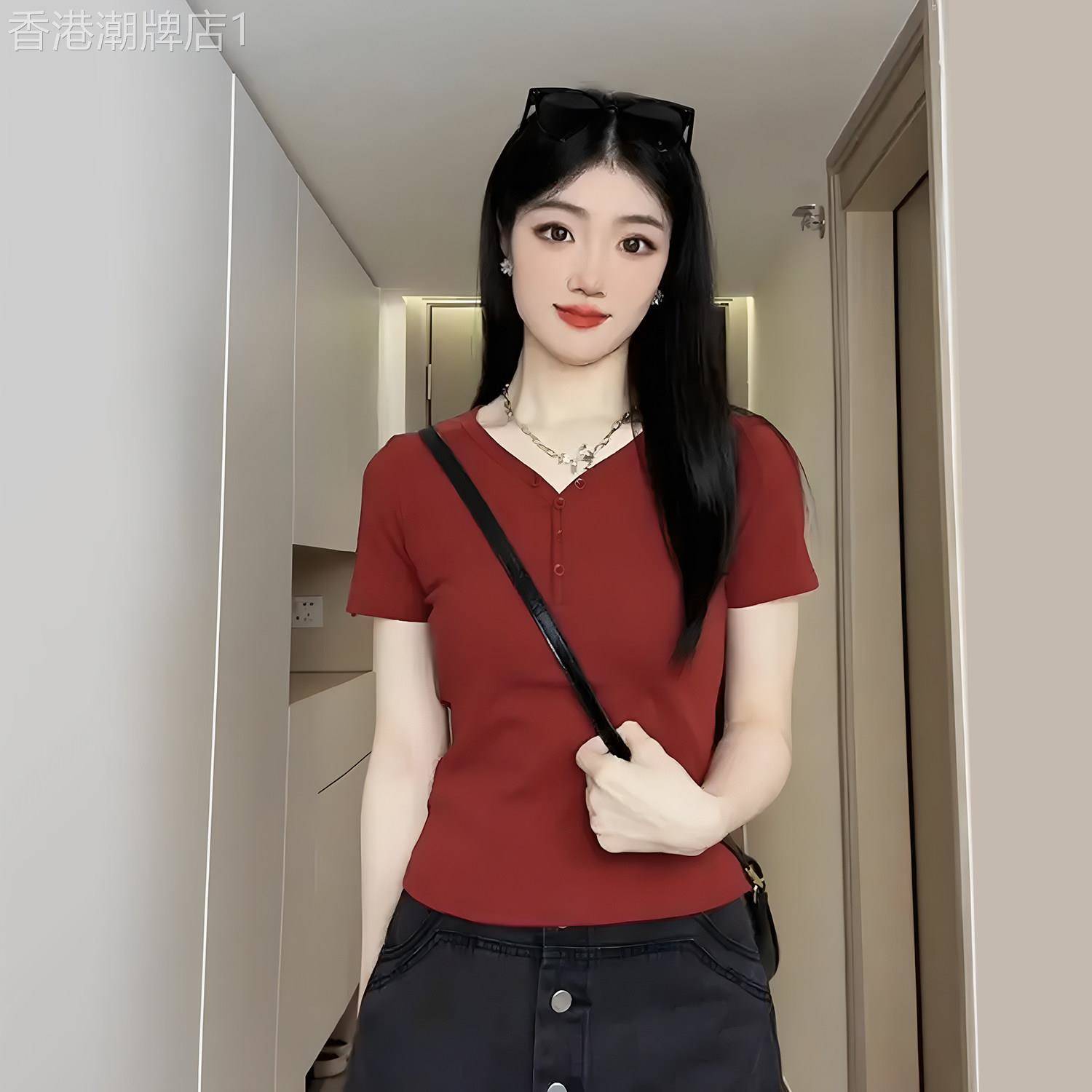 高端短袖T恤女夏季新款薄款V领时尚休闲洋派百搭修身显瘦打底上衣