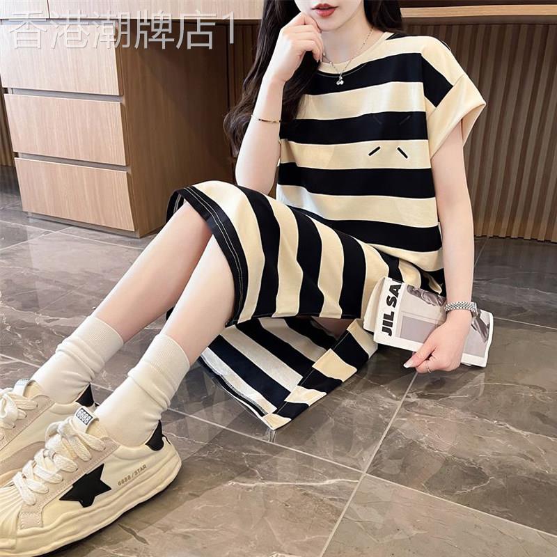 egmg纯棉超好看短袖t恤裙女夏季时尚刺绣条纹中长连衣裙开叉上衣