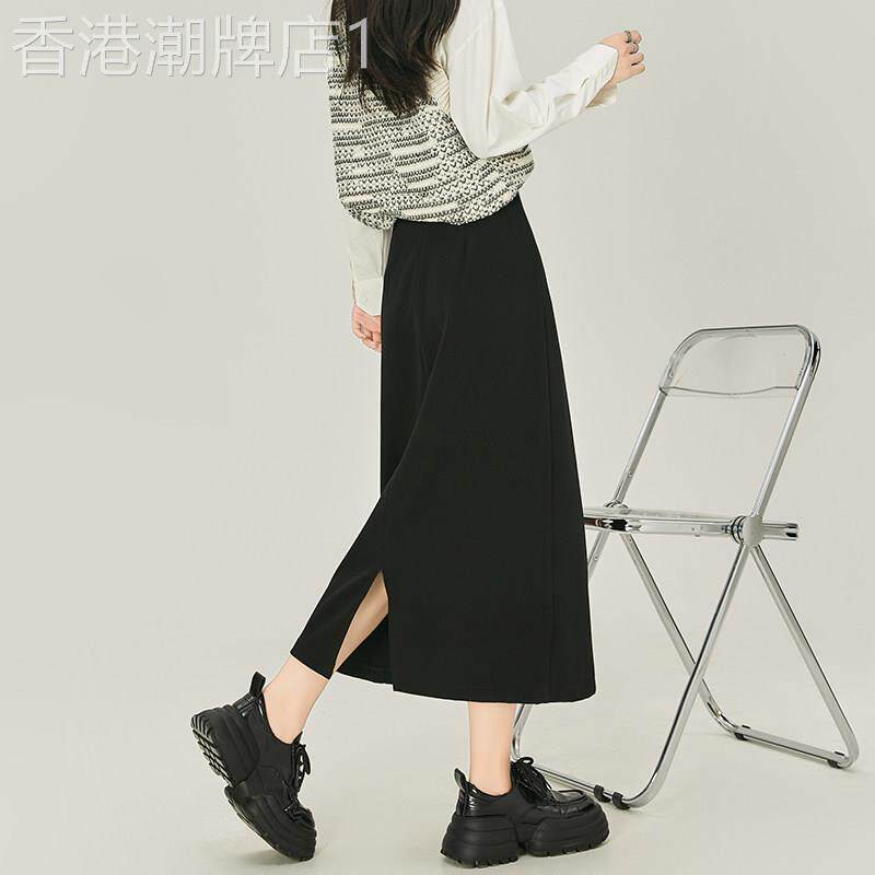 黑色西装半身裙女春夏秋冬气质A字后开叉中长裙垂感高腰直筒裙子