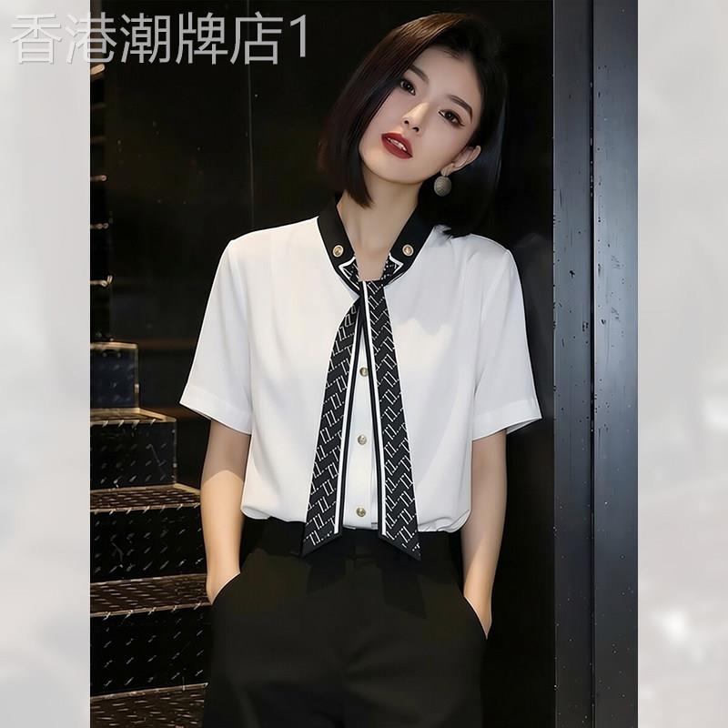 温柔高端飘带显瘦短袖衬衫女夏季2026年新款绝美小衫上衣减龄漂亮
