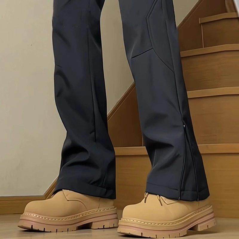 美式黑色侧拉炼硬壳冲锋裤女秋冬加绒加厚大码微喇叭裤徒步登山裤