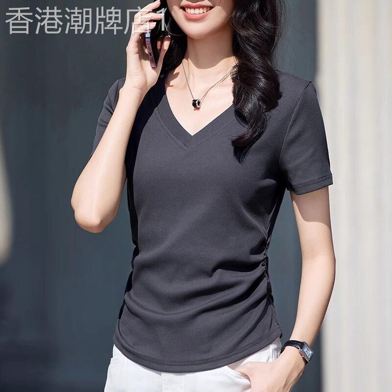 V领短袖t恤女夏季薄款2025年新款韩版修身显瘦正肩半袖体恤衫上衣
